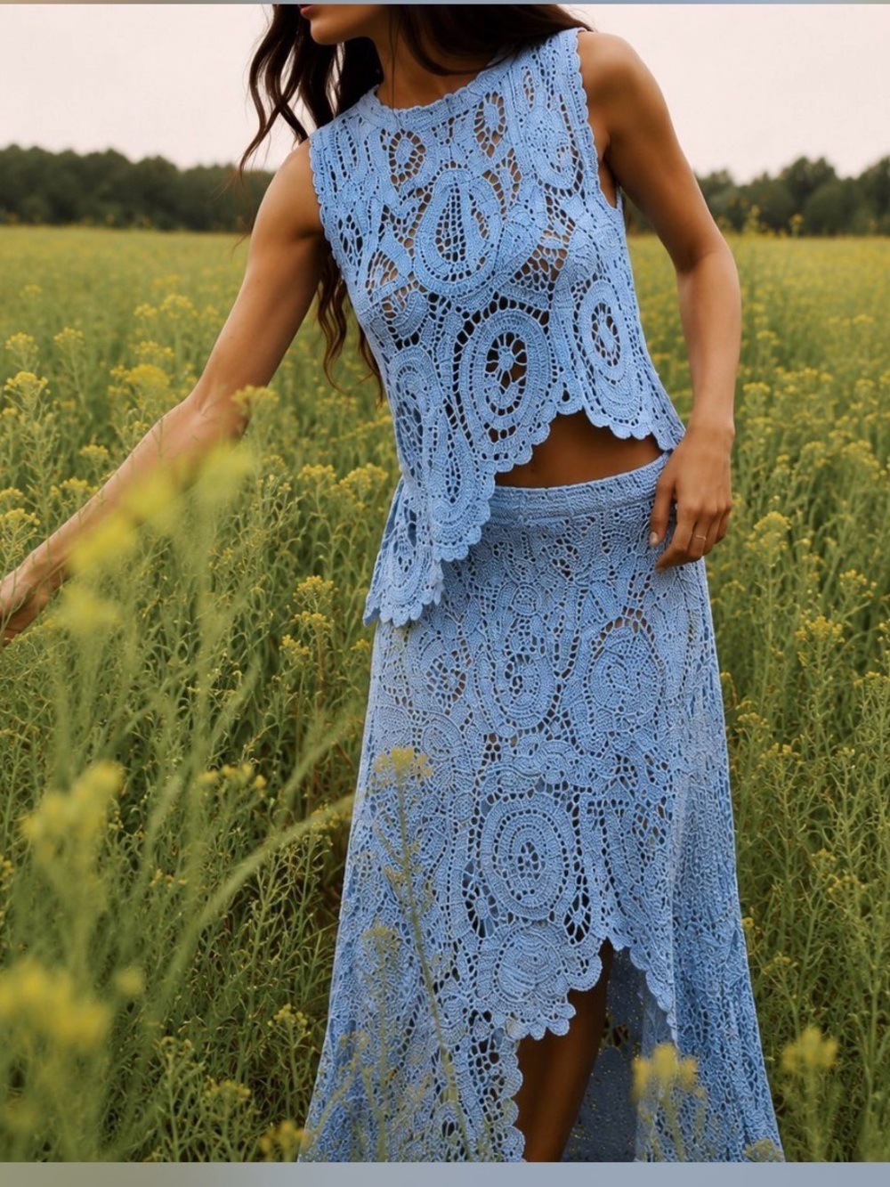 CHARTOU Women Two Pieces Skirt Sets Summer Cut Out Hi-Low Crochet Knit